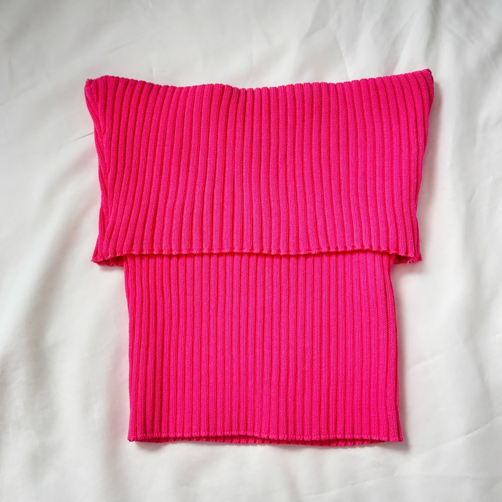 ZARA Pink Ribbed Cropped Fold-over Tube Top